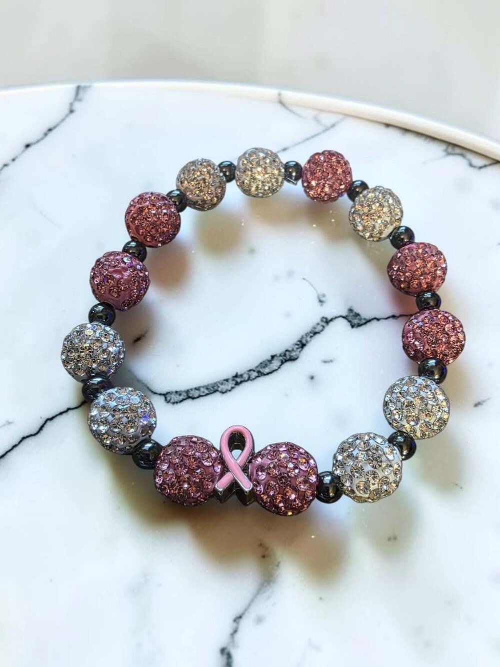 Breast Cancer Awareness Rhinestone Pave Bead Bracelet Pink Ribbon